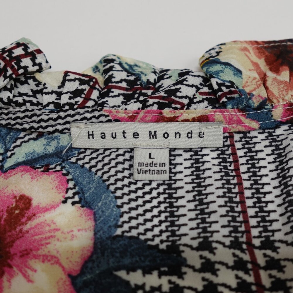 Haute Monde Floral Ruffle Trim Black White Houndstooth Printed Top Size Large - Picture 6 of 9